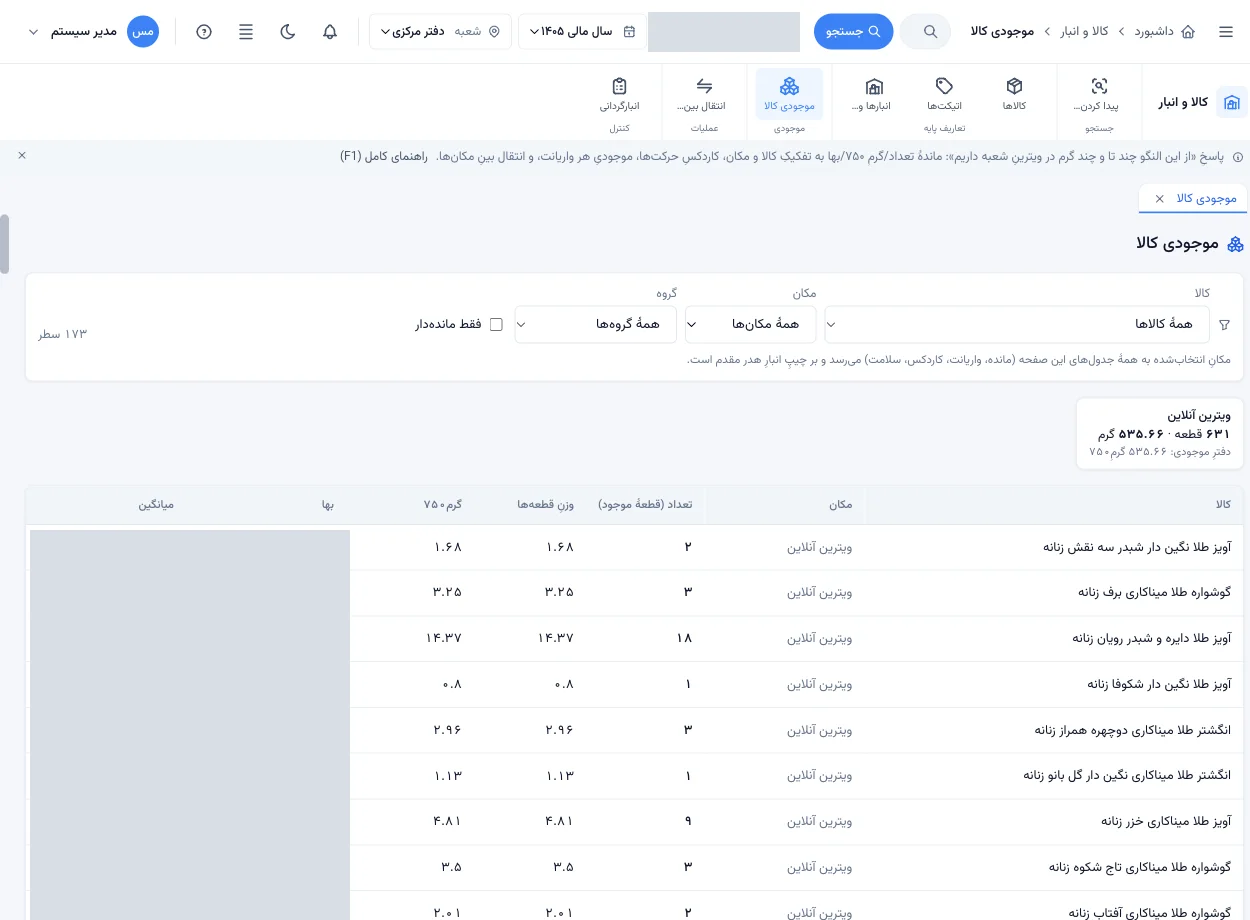 موجودی ویترین آنلاین در ERP کایزن، به تعداد قطعه و گرم