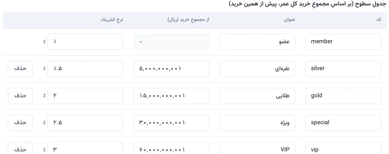 ERP کایزن — باشگاه مشتریان، جدول سطح‌ها، با دادهٔ نمایشی